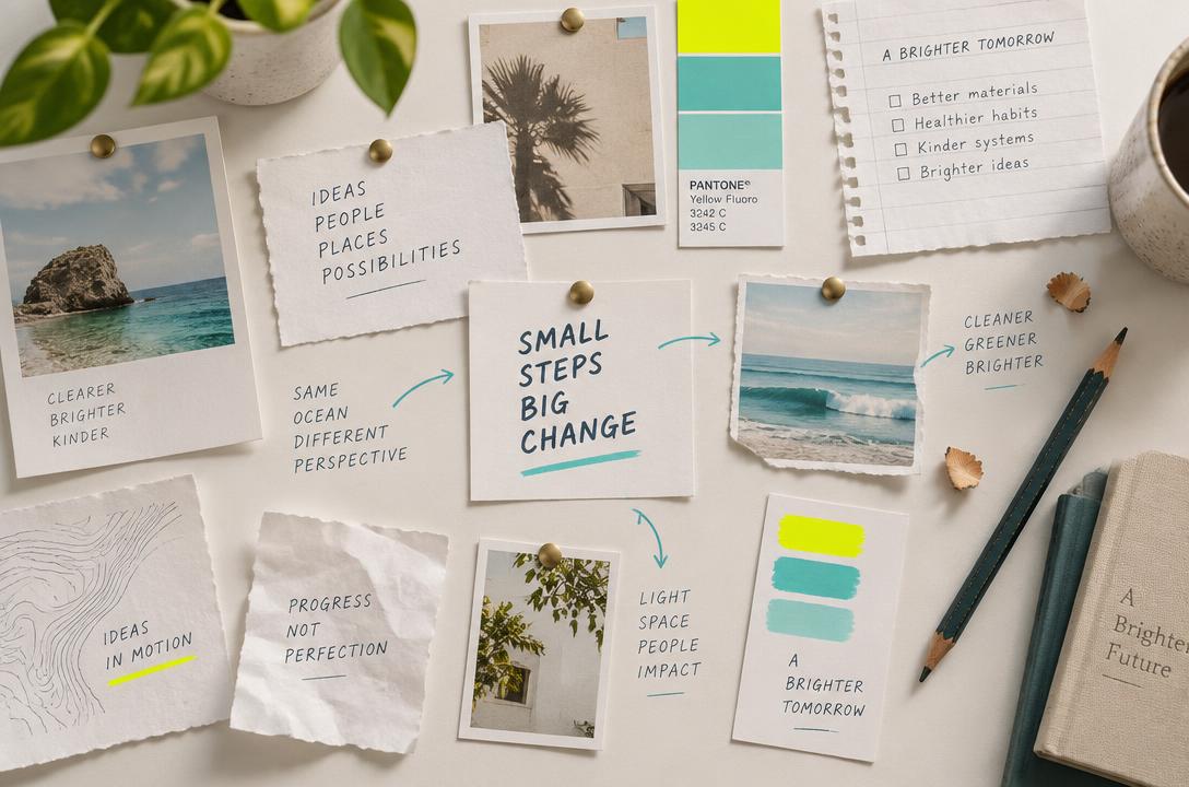 A studio table covered with pinned index cards, hand-drawn arrows and colour swatches